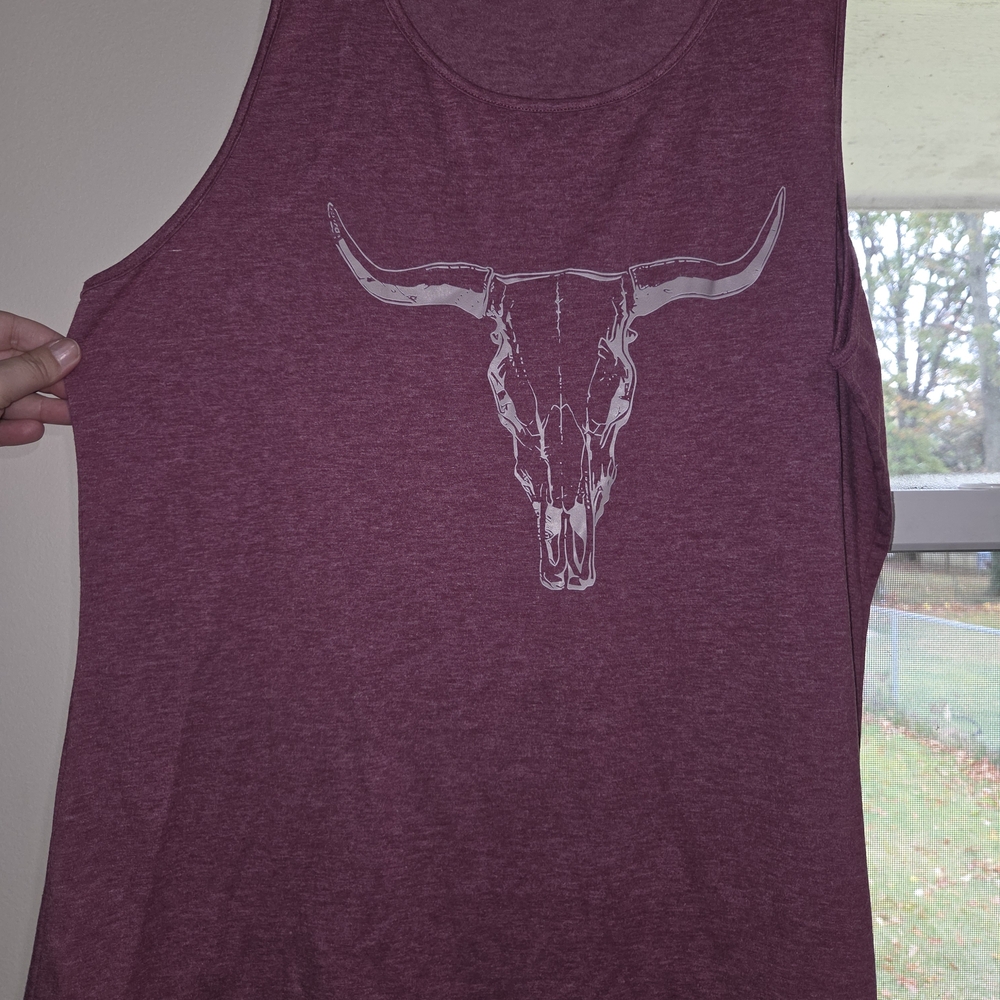 Women's Maroon Tank Top with Bull Skull Design
